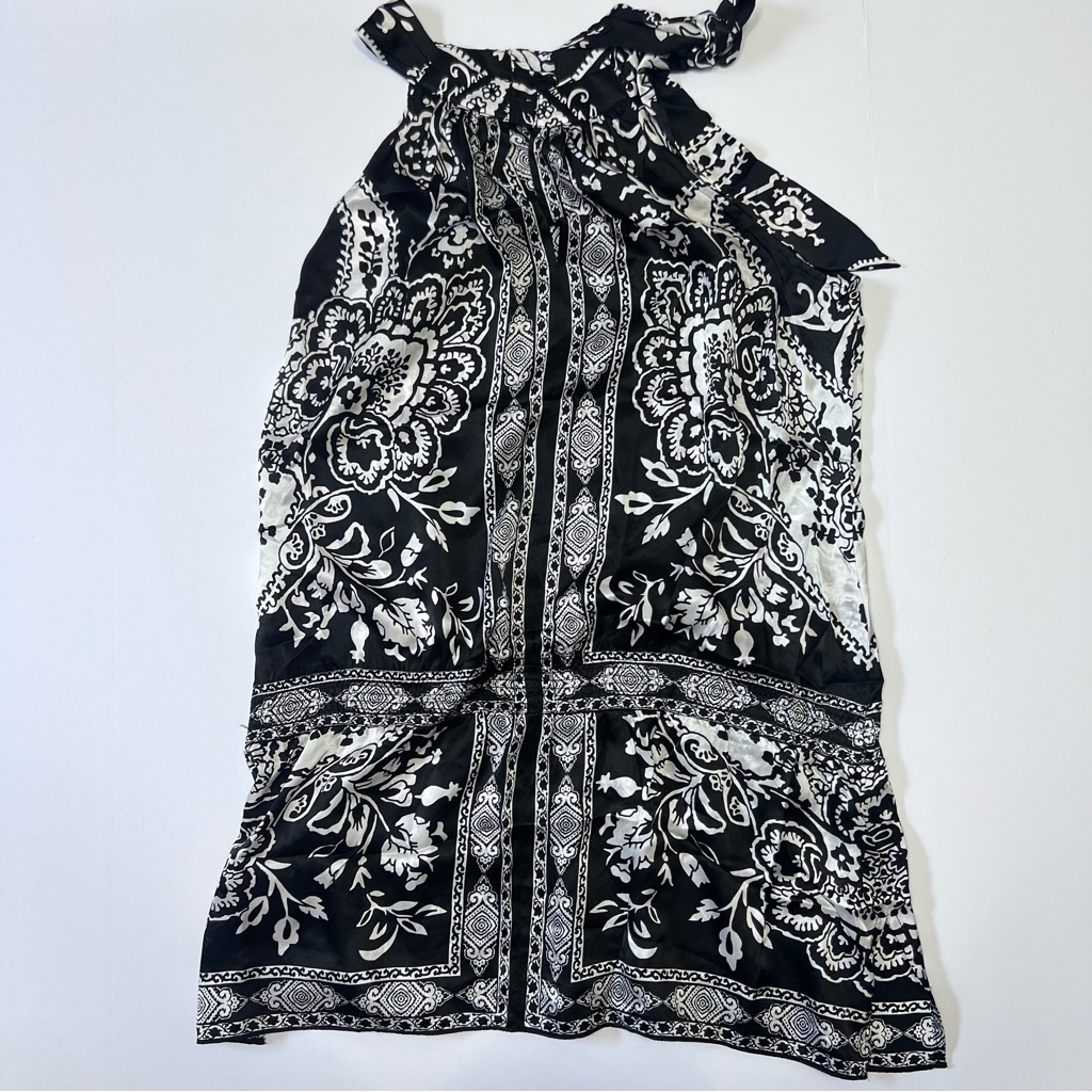 White House Black Market Silk Halter Top Black White Floral Paisley Print Size L